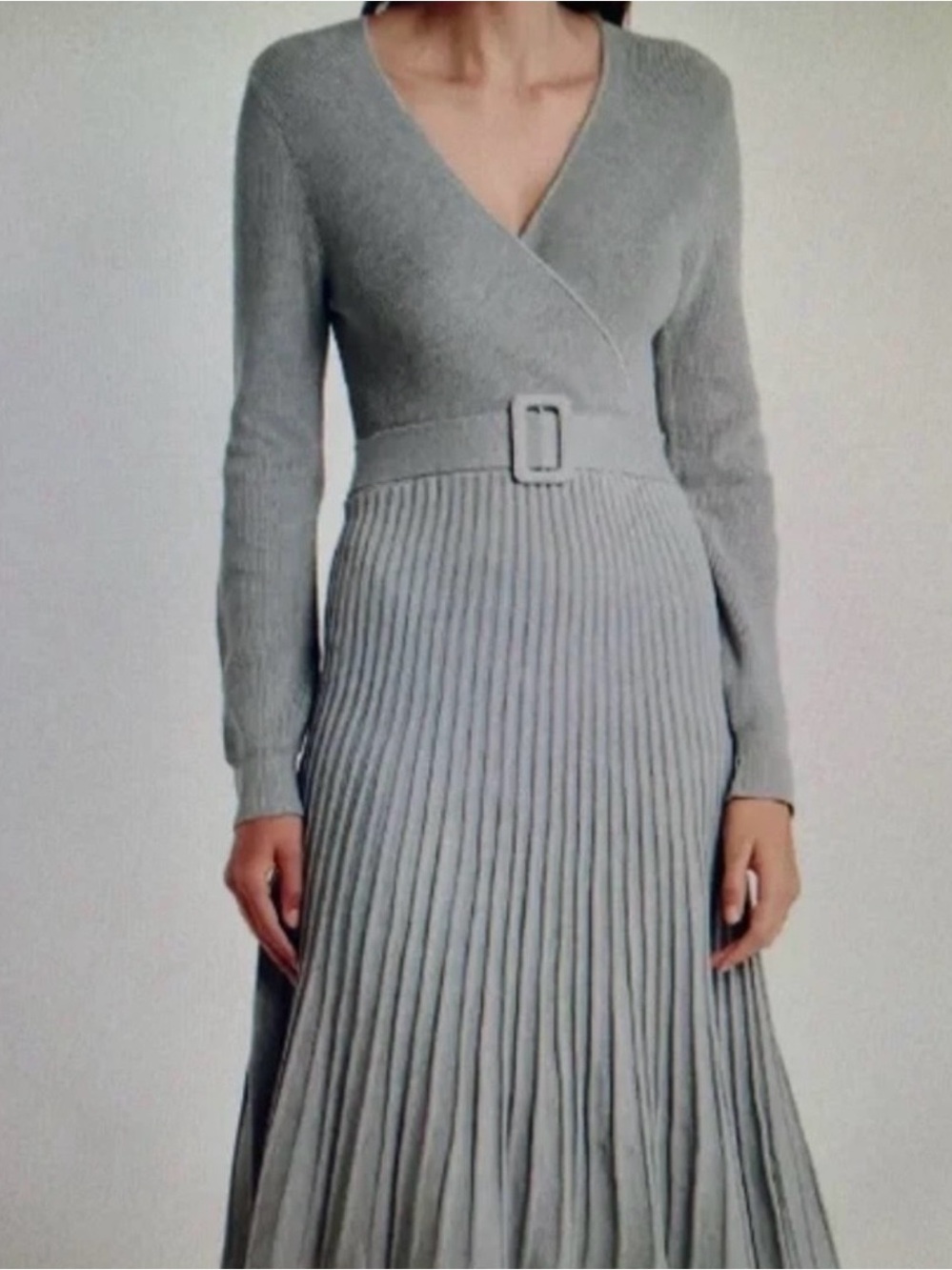 Signature Light Gray Ribbed Wrap Midi Dress with Belt